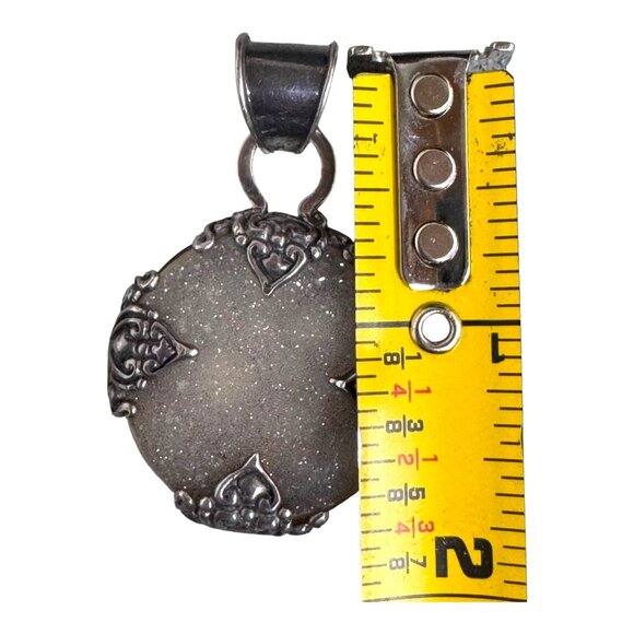 Vintage 925 Sterling Silver Druzy Quarts Round Pendant Art Deco Ornate Design - Picture 4 of 5